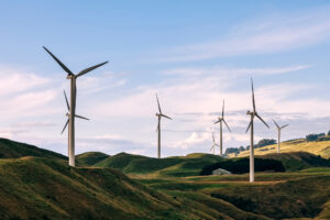 Many wind turbines standing in hilly pasture