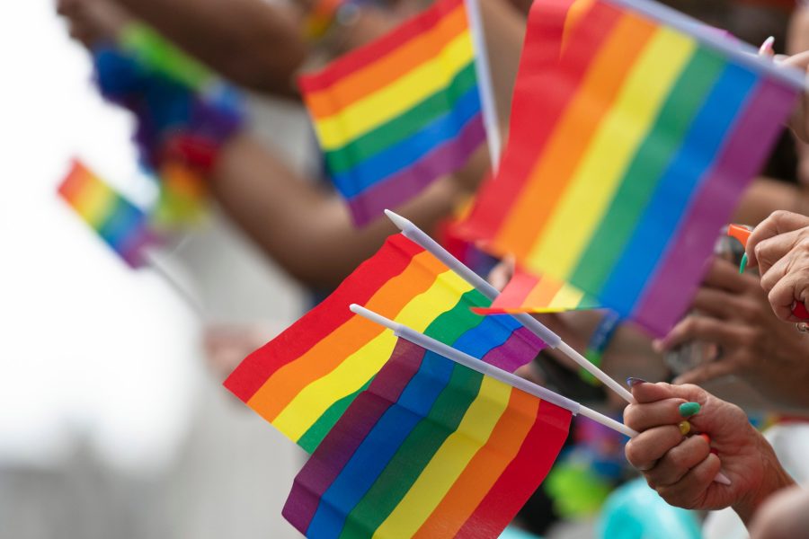 Gay pride, LGBTQ rainbow flags being waved in the air at a pride event
